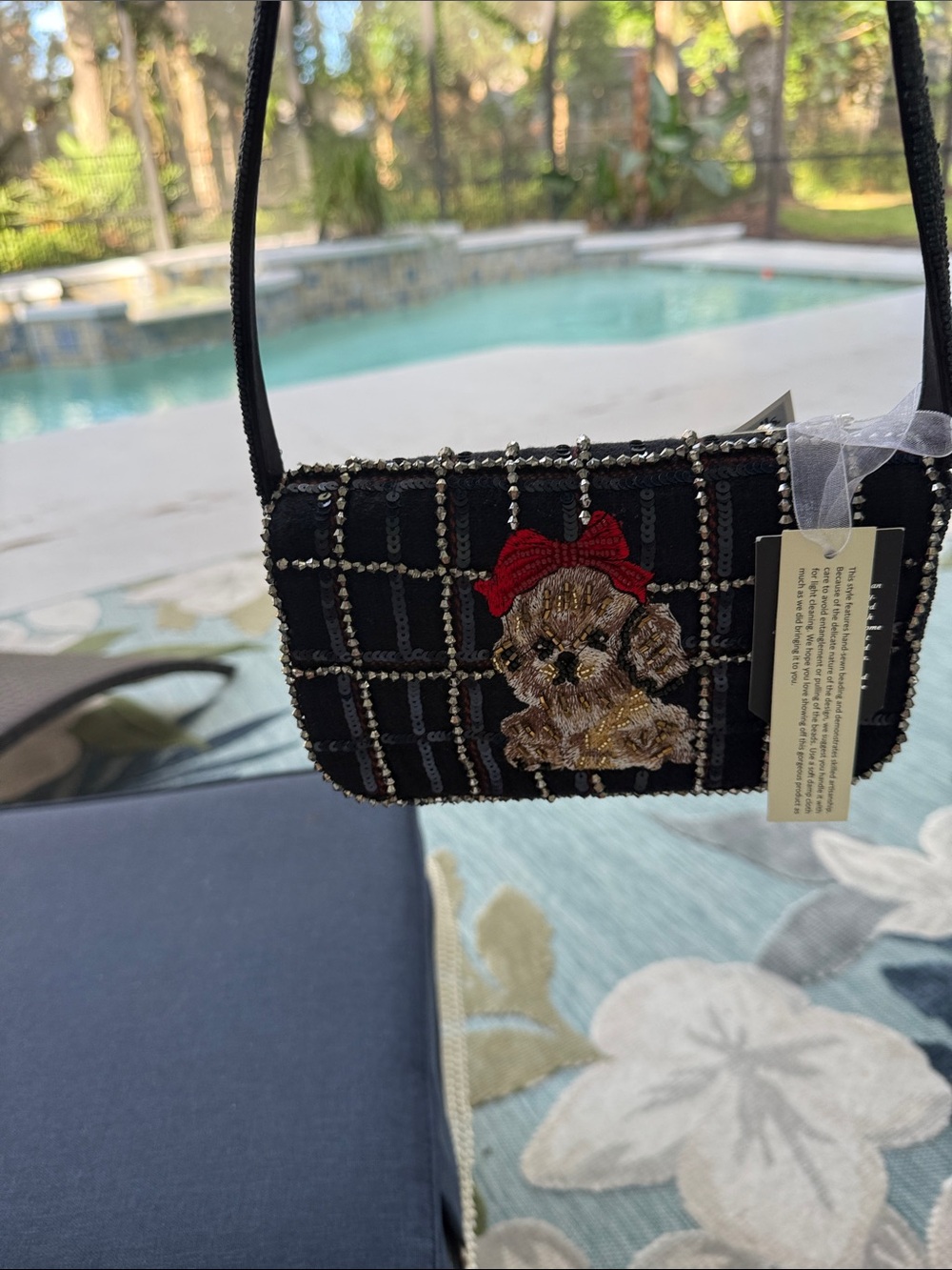 Black Beaded Wristlet Clutch with Embroidered Puppy Accent